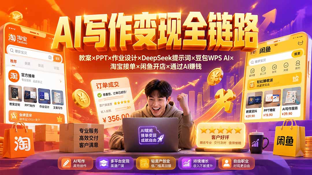 （19561期）2026AI写作变现全链路：教案×PPT×作业设计×DeepSeek提示词×豆包WPS AI×淘宝接单×闲鱼开店×通过AI賺钱-网赚副业网