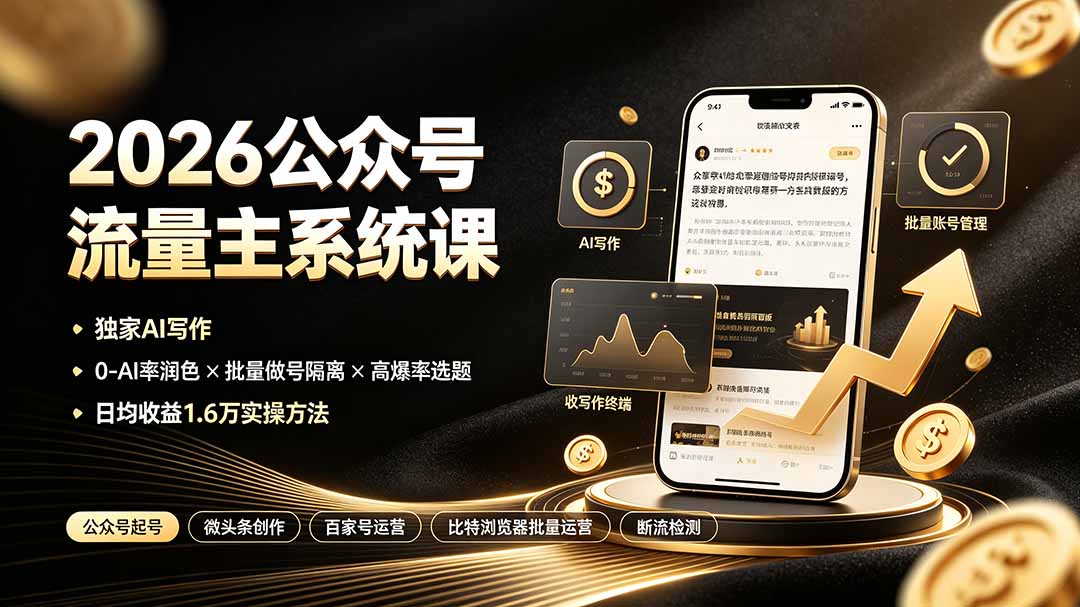 （19405期）2026公众号流量主系统课：独家AI写作×0-AI率润色×批量做号隔离×高爆率选题，日均收益1.6万实操方法插图1