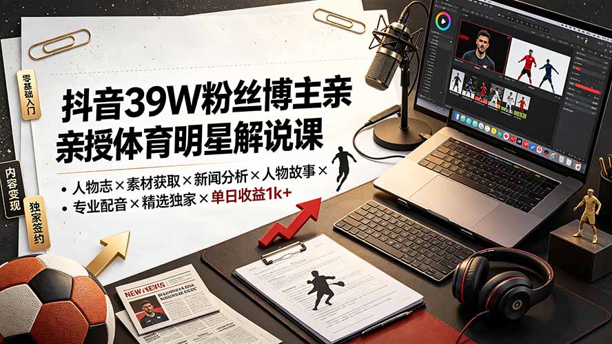（19476期）抖音39W粉丝博主亲授体育明星解说课：人物志×素材获取×新闻分析×人物故事×专业配音×精选独家×单日收益1k+-网赚副业网