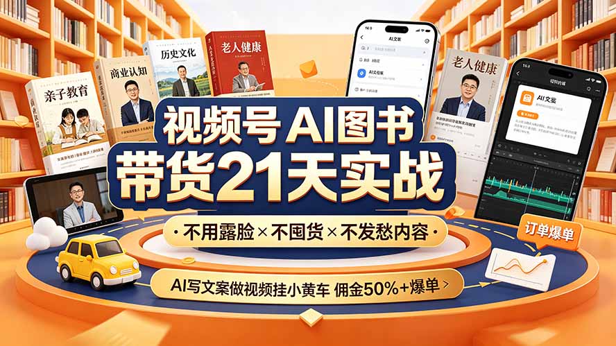 (19476期)视频号AI图书带货21天实战:不用露脸×不囤货×不发愁内容,AI写文案做视频挂小黄车,佣金50%+爆单-网赚副业网