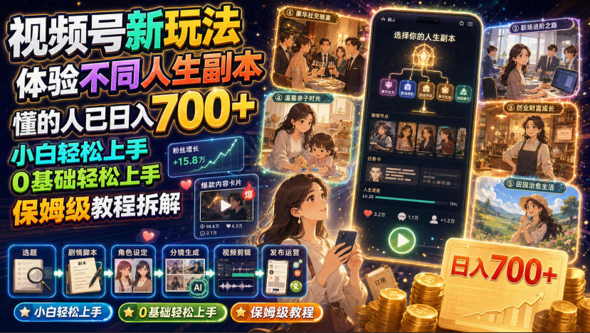 视频号新玩法体验不同人生副本，懂的人已日入700+，小白轻松上手，0基础轻松上手，保姆级教程拆解-网赚副业网