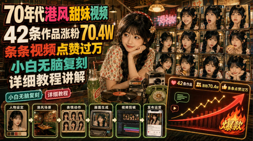 70年代港风甜妹视频，42条作品涨粉70.4W，条条视频点赞过万，小白无脑复刻，详细教程讲解-网赚副业网
