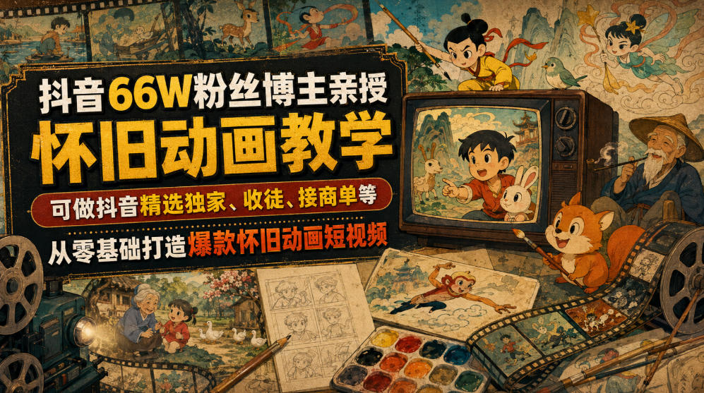 抖音66W粉丝博主亲授怀旧动画教学，可做抖音精选独家、收徒、接商单等，从零基础打造爆款怀旧动画短视频-网赚副业网