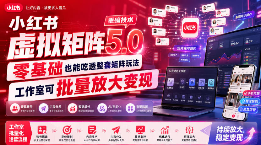 小红书虚拟矩阵5.0重磅技术，零基础也能吃透整套矩阵玩法，工作室可批量放大变现-网赚副业网