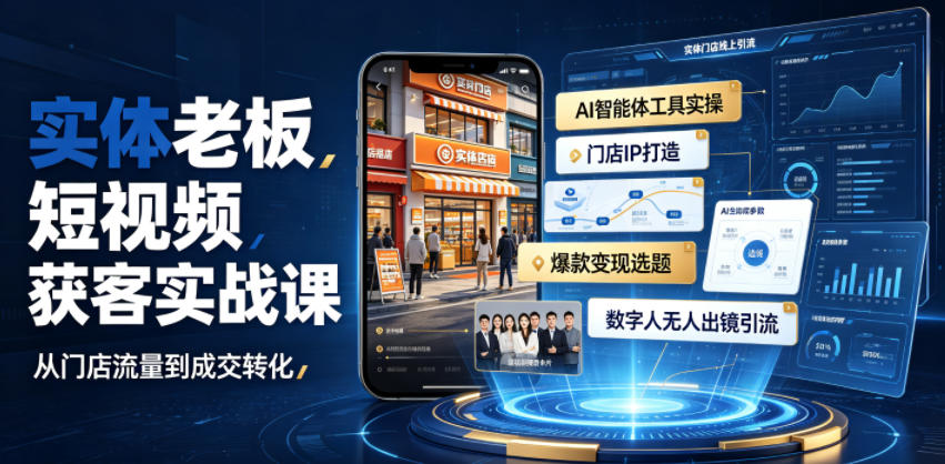 实体老板短视频获客实战课｜AI智能体工具全套实操、门店IP打造、爆款变现选题、数字人无人出镜引流完整教程-网赚副业网