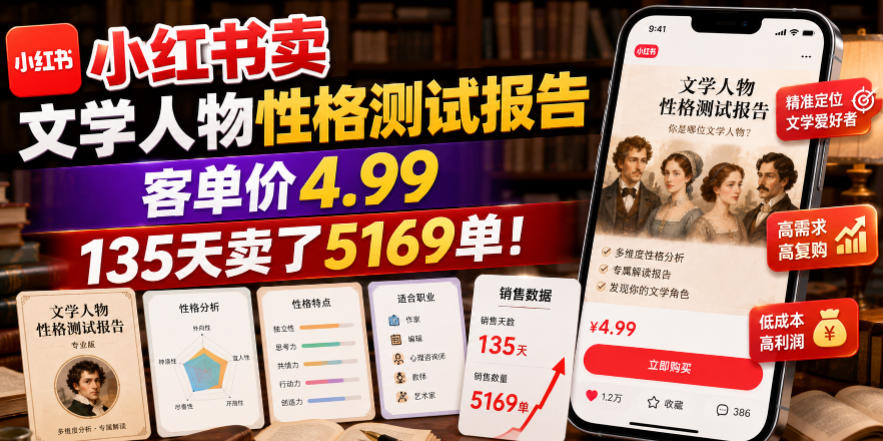 小红书卖文学人物性格测试报告，客单价4.99，135天卖了5169单！-网赚副业网