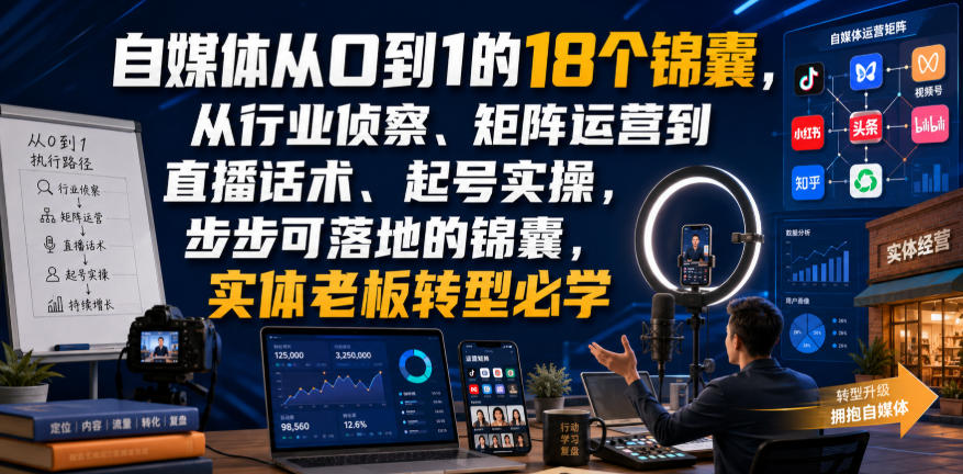 自媒体从0到1的18个锦囊,从行业侦察、矩阵运营到直播话术、起号实操,步步可落地的锦囊,实体老板转型必学-网赚副业网