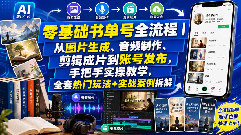 零基础书单号全流程|从图片生成、音频制作、剪辑成片到账号发布,手把手实操教学,全套热门玩法+实战案例拆解-网赚副业网