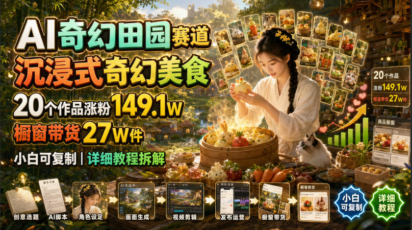 AI奇幻田园赛道,沉浸式奇幻美食,20个作品涨粉149.1W,橱窗带货27W件,小白可复制,详细教程拆解插图 AI奇幻田园赛道,沉浸式奇幻美食,20个作品涨粉149.1W,橱窗带货27W件,小白可复制,详细教程拆解插图