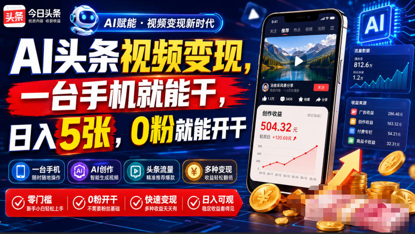 AI头条视频变现,一台手机就能干,日入5张,0粉就能开干插图 AI头条视频变现,一台手机就能干,日入5张,0粉就能开干插图