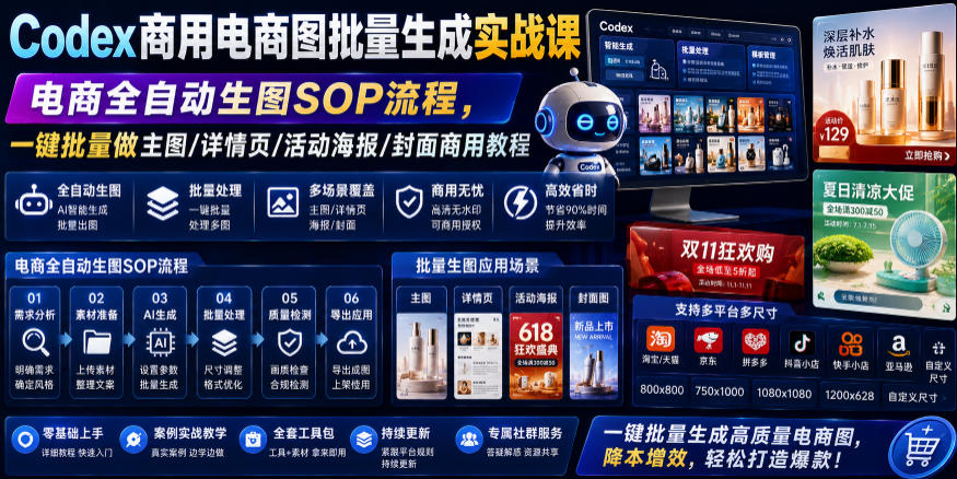 Codex商用电商图批量生成实战课｜电商全自动生图SOP流程，一键批量做主图/详情页/活动海报/封面商用教程-网赚副业网