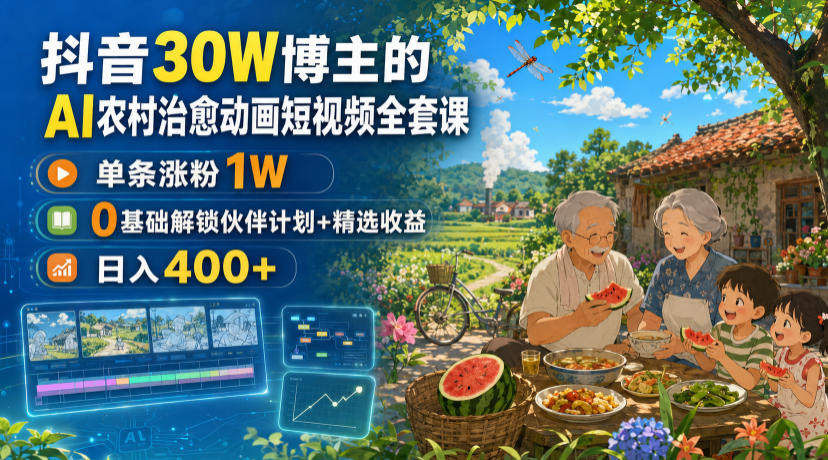 抖音30W博主的AI农村治愈动画短视频全套课|单条涨粉1W,0基础解锁伙伴计划+精选收益,日入400+-网赚副业网