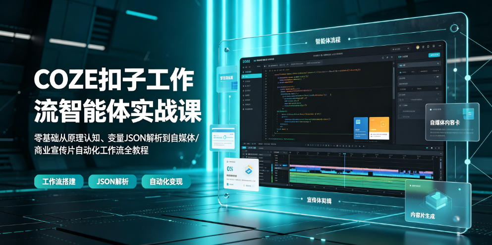 COZE扣子工作流智能体实战课｜零基础从原理认知、变量JSON解析到自媒体/商业宣传片自动化工作流全教程-网赚副业网