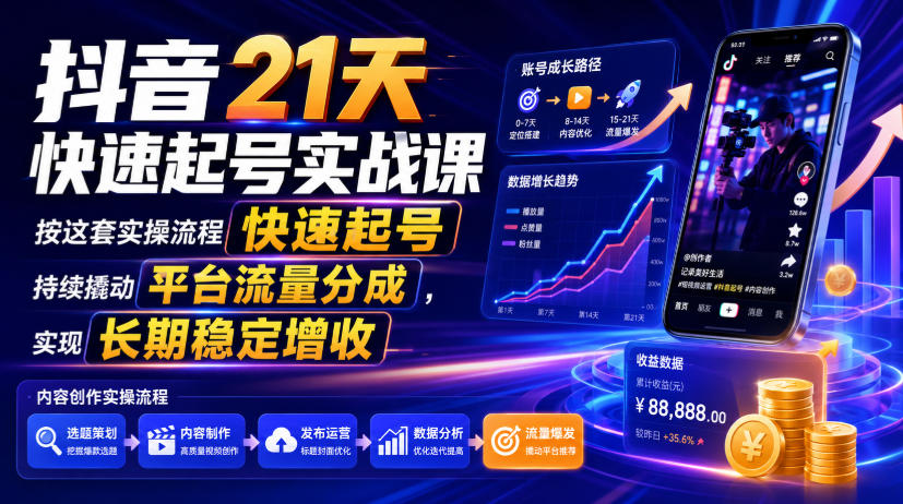 抖音21天快速起号实战课，按这套实操流程快速起号，持续撬动平台流量分成，实现长期稳定增收-网赚副业网