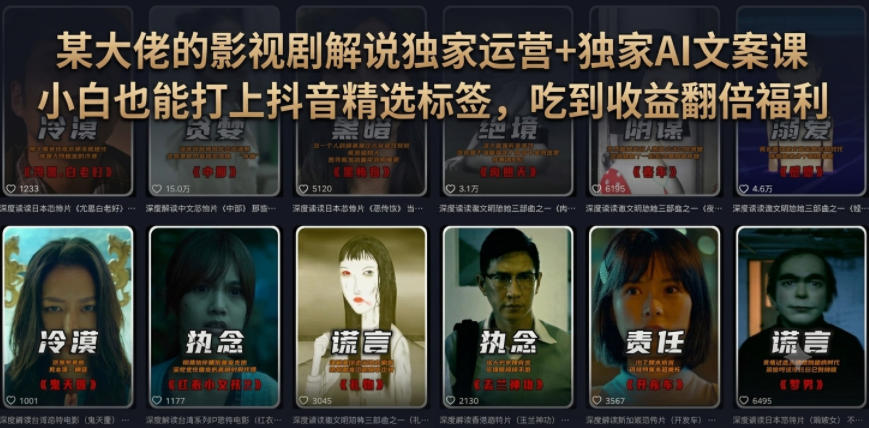 某大佬的影视剧解说独家运营+独家AI文案课,小白0粉丝也能快速打上抖音精选标签、吃到收益翻倍福利-网赚副业网