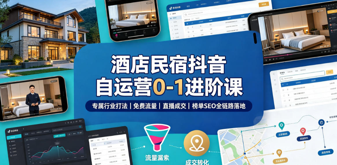 酒店民宿抖音自运营0-1进阶课|专属行业打法、免费流量+直播成交+榜单SEO全链路落地-网赚副业网