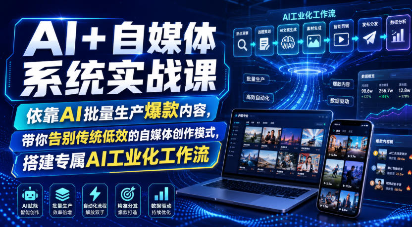 AI+自媒体系统实战课,依靠AI批量生产爆款内容,带你告别传统低效的自媒体创作模式,搭建专属AI工业化工作流-网赚副业网