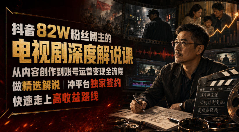 抖音82W粉丝博主的电视剧深度解说课，从内容创作到账号运营变现全流程，做精选解说，冲平台独家签约，快速走上高收益路线-网赚副业网