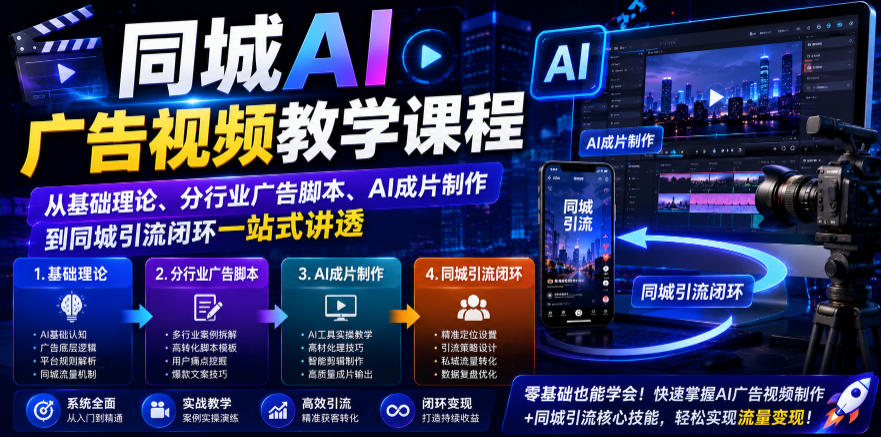 同城AI广告视频教学课程,从基础理论、分行业广告脚本、AI成片制作到同城引流闭环一站式讲透插图 同城AI广告视频教学课程,从基础理论、分行业广告脚本、AI成片制作到同城引流闭环一站式讲透插图