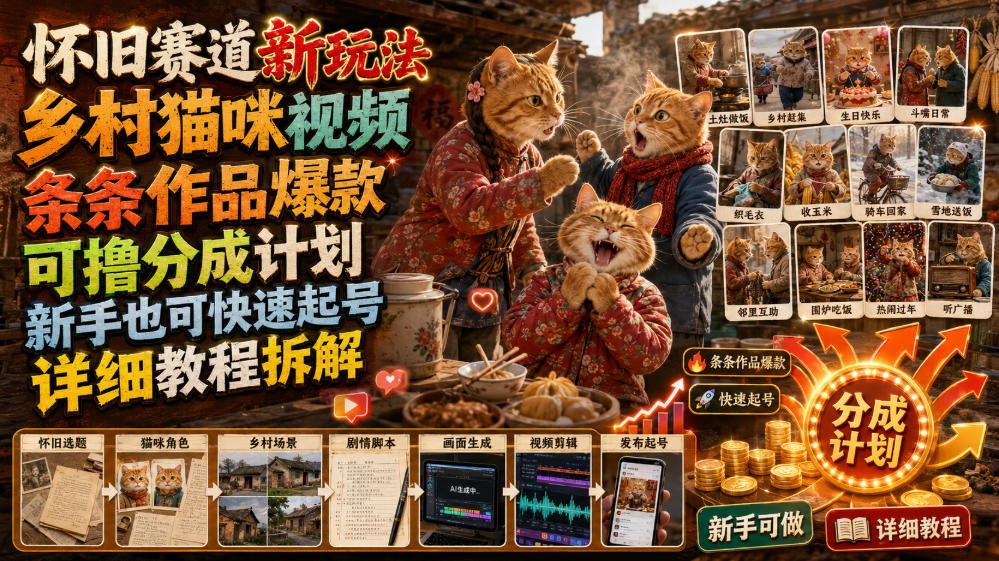 怀旧赛道新玩法,乡村猫咪视频,条条作品爆款,可撸分成计划,新手也可快速起号,详细教程拆解-网赚副业网