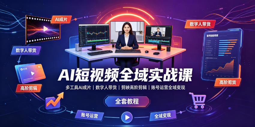 AI短视频全域实战课｜多工具AI成片、数字人带货、剪映高阶剪辑、账号运营全域变现全套教程-网赚副业网