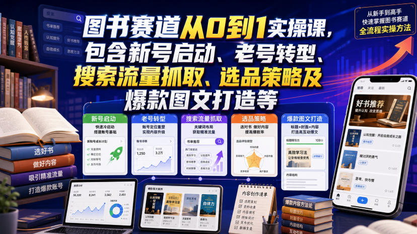 图书赛道从0到1实操课，包含新号启动、老号转型、搜索流量抓取、选品策略及爆款图文打造等-网赚副业网