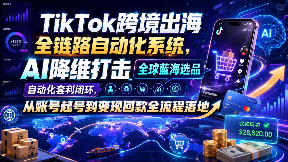 TikTok跨境出海全链路自动化系统，AI降维打击全球蓝海选品自动化套利闭环，从账号起号到变现回款全流程落地（2026年7月）-网赚副业网