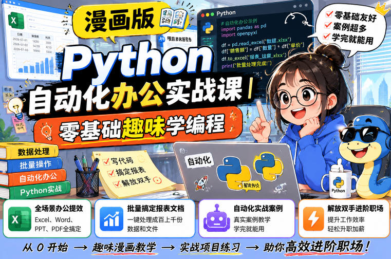 漫画版Python自动化办公实战课｜零基础趣味学编程，全场景办公提效、批量搞定报表文档、解放双手进阶职场-网赚副业网