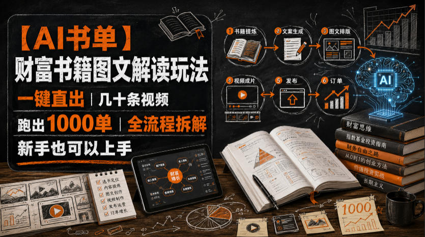【AI书单】财富书籍图文解读玩法，一键直出，几十条视频，跑出1000单，全流程拆解，新手也可以上手-网赚副业网