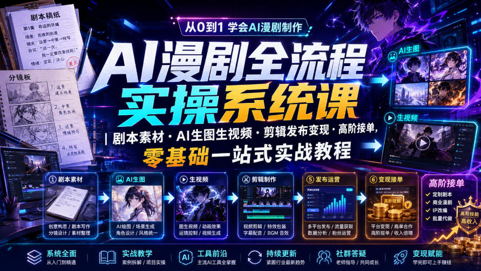 AI漫剧全流程实操系统课|剧本素材・AI生图生视频・剪辑发布变现・高阶接单,零基础一站式实战教程-网赚副业网