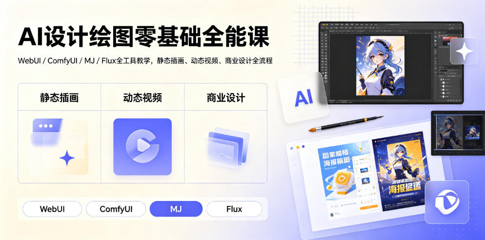 AI设计绘图零基础全能课｜WebUI/ComfyUI/MJ/Flux全工具教学，静态插画、动态视频、商业设计全流程-网赚副业网