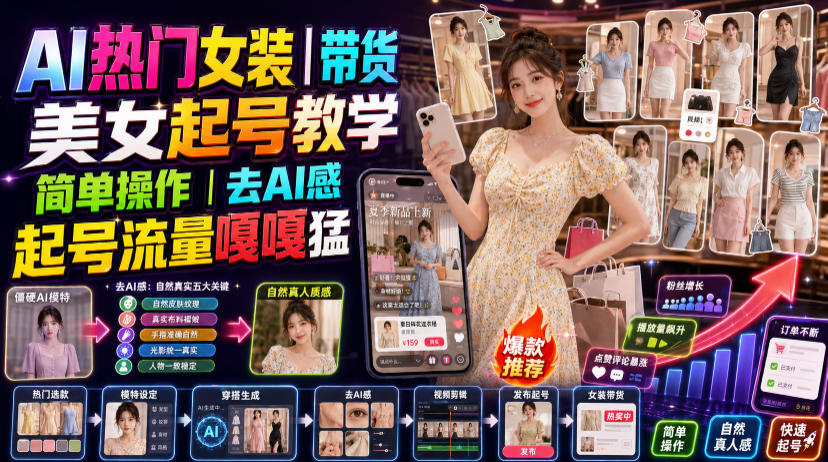 AI热门女装带货丨美女起号教学,简单操作,去AI感,起号流量嘎嘎猛-网赚副业网