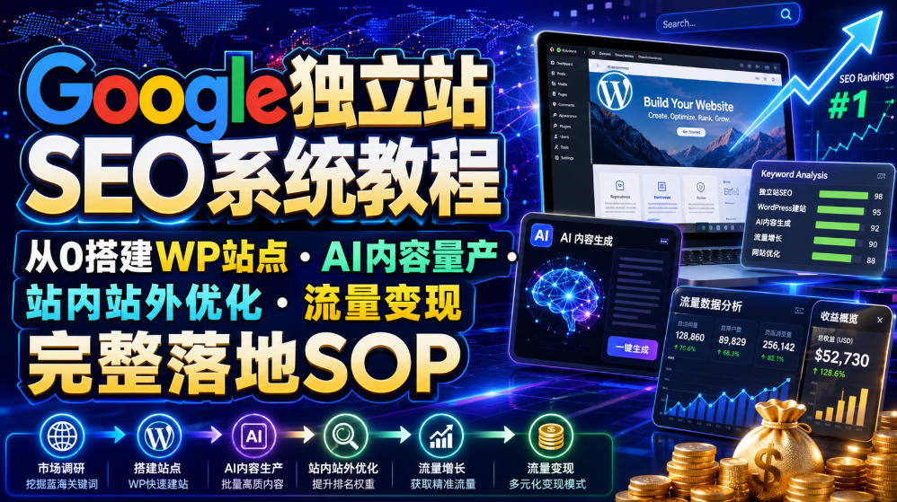 Google独立站SEO系统教程，从0搭建WP站点・AI内容量产・站内站外优化・流量变现完整落地SOP（2026年7月）-网赚副业网