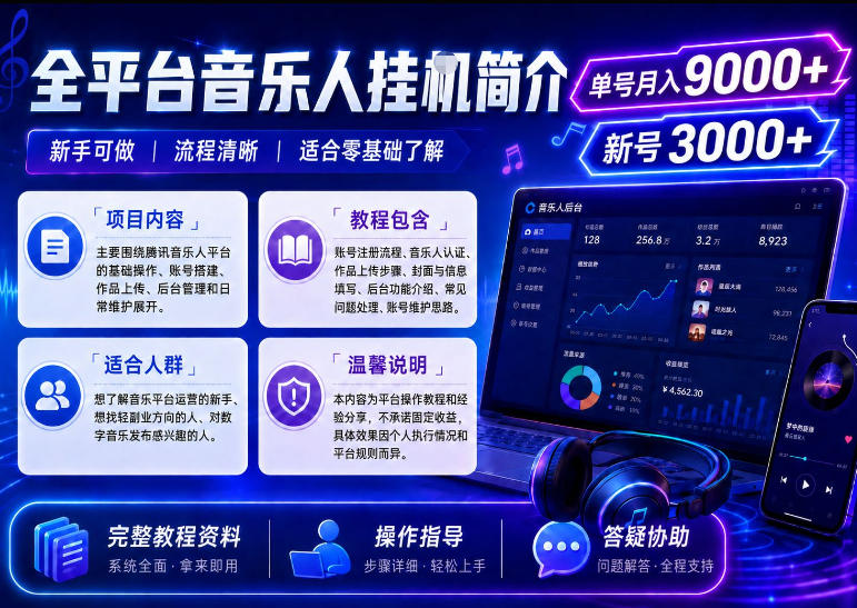 全平台音乐类挂G，单机单号月入9000+，可矩阵，可工作室放大操作【揭秘】-网赚副业网