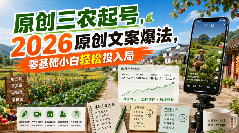 原创三农起号,2026原创文案爆法,零基础小白轻松投入局-网赚副业网