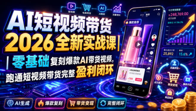 AI短视频带货2026全新实战课｜零基础复刻爆款AI带货视频，跑通短视频带货完整盈利闭环-网赚副业网