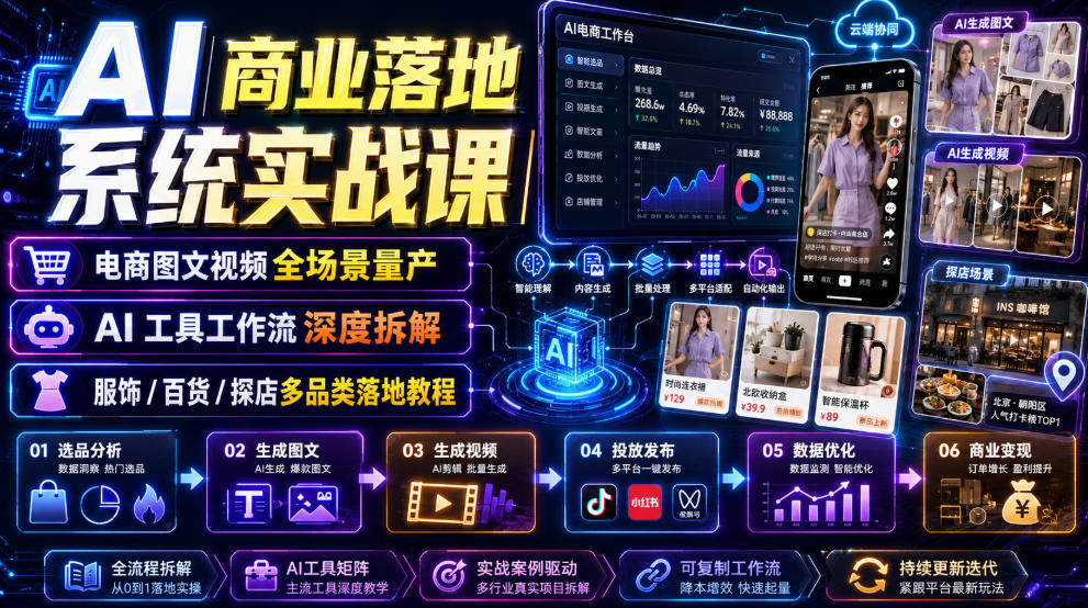AI商业落地系统实战课｜电商图文视频全场景量产・AI工具工作流深度拆解・服饰/百货/探店多品类落地教程-网赚副业网