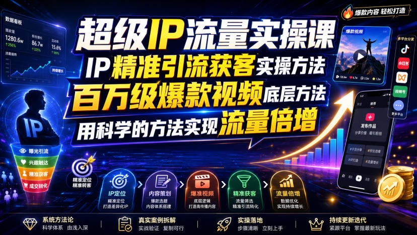 超级IP流量实操课，IP精准引流获客实操方法，百万级爆款视频底层方法，用科学的方法实现流量倍增-网赚副业网
