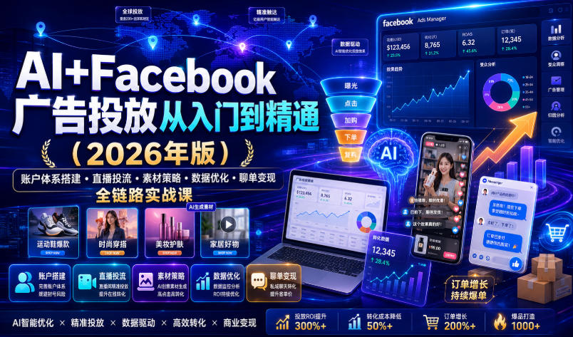 AI+Facebook广告投放从入门到精通(2026年版)|账户体系搭建・直播投流・素材策略・数据优化・聊单变现全链路实战课插图 AI+Facebook广告投放从入门到精通(2026年版)|账户体系搭建・直播投流・素材策略・数据优化・聊单变现全链路实战课插图