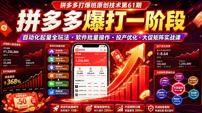 拼多多打爆班原创技术第61期，拼多多爆打一阶段，自动化起量全玩法・软件批量操作・投产优化・大促矩阵实战课-网赚副业网