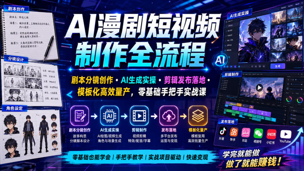 AI漫剧短视频制作全流程｜剧本分镜创作・AI生成实操・剪辑发布落地・模板化高效量产，零基础手把手实战课-网赚副业网