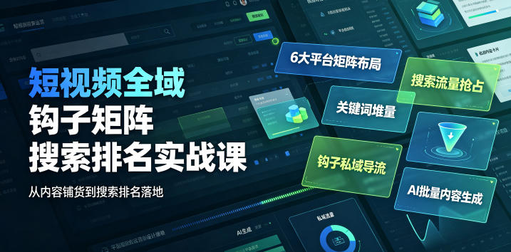 短视频全域钩子矩阵搜索排名实战课｜6大平台矩阵布局、关键词堆量抢占搜索流量、钩子私域导流、AI批量内容生成-网赚副业网