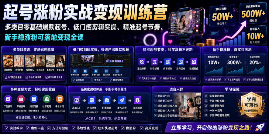 苗子起号涨粉实战变现训练营，多类目零基础爆款起号、精准起号节奏、新手稳涨粉可落地变现全课-网赚副业网
