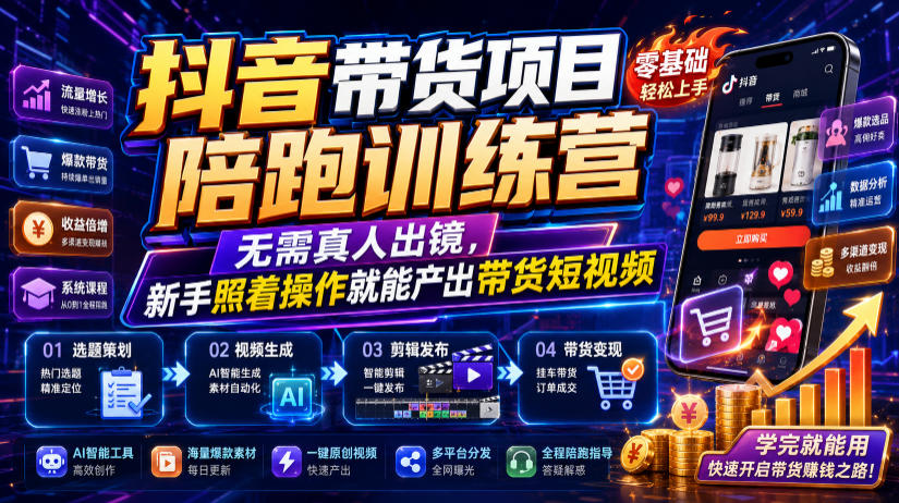 抖音带货项目陪跑训练营，无需真人出镜，新手照着操作就能产出带货短视频-网赚副业网