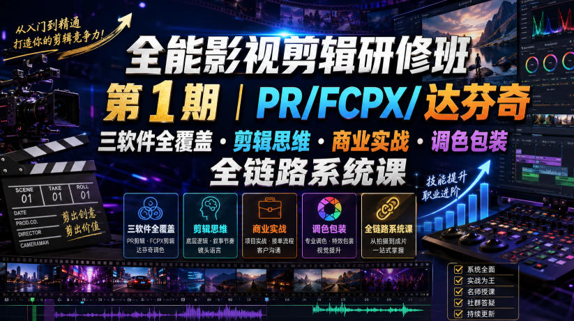 全能影视剪辑研修班第1期｜PR/FCPX/达芬奇三软件全覆盖・剪辑思维・商业实战・调色包装全链路系统课-网赚副业网