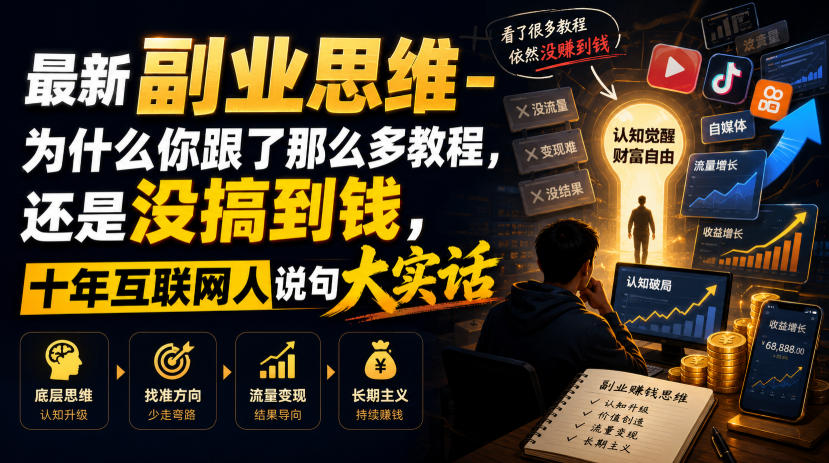 最新副业思维-为什么你跟了那么多教程，还是没搞到钱，十年互联网人说句大实话【揭秘】-网赚副业网