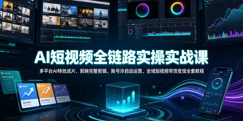 AI短视频全链路实操实战课｜多平台AI特效成片、剪映完整剪辑、账号冷启动运营、全域短视频带货变现全套教程-网赚副业网