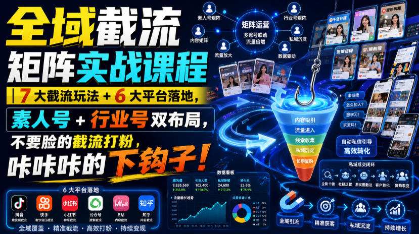 全域截流矩阵实战课程|7大截流玩法+6大平台落地,素人号+行业号双布局,不要脸的截流打粉,咔咔咔的下钩子!-网赚副业网