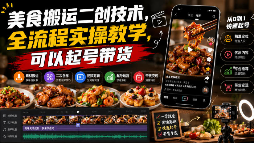 美食搬运二创技术,全流程实操教学,可以起号带货-网赚副业网