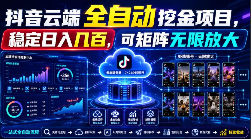 Dy云端全自动挖金项目，稳定日入几百，可矩阵无限放大！-网赚副业网